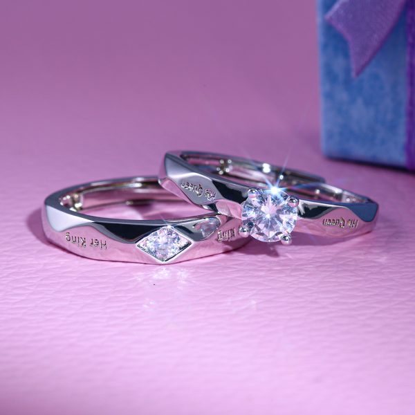 Royal Bond His and Her King Queen Couple Rings with adjustable size, featuring sleek silver bands with engraved 'His Queen' and 'Her King' inscriptions, symbolizing love and commitment for couples.
